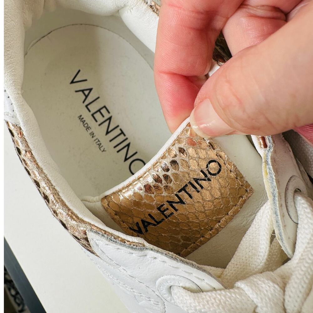 Valentino Minerva Monogram White & Rose Gold Leather Lace Sneaker 9 - Picture 8 of 15